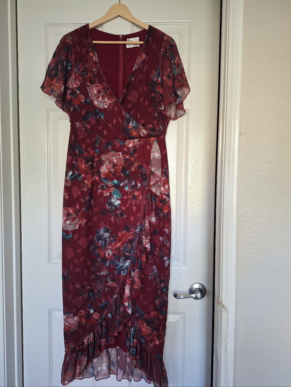 Vone Mireya Floral Ruffle Faux Wrap Midi Dress Burgundy Gold Shimmer US 8